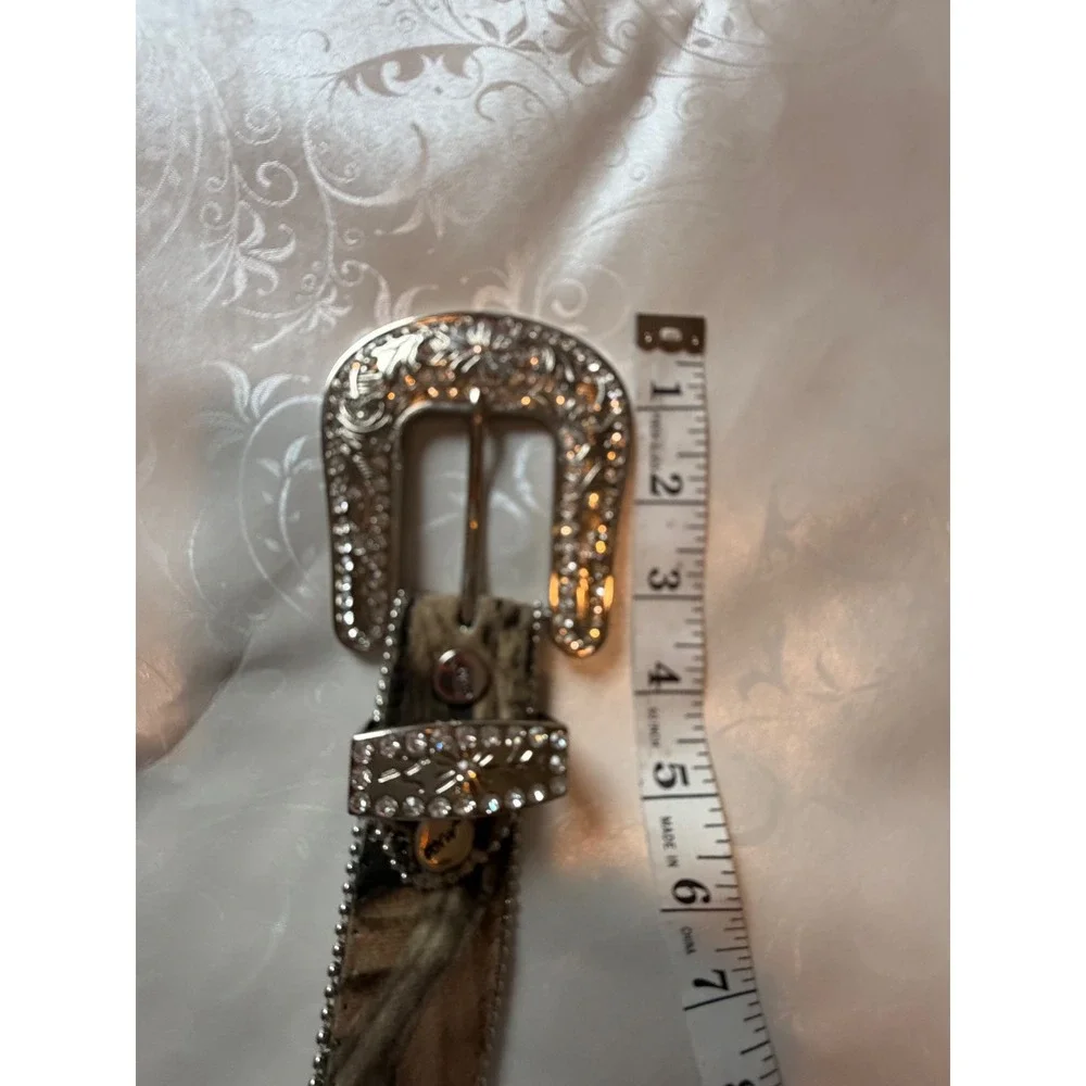 BHW Western Camo Hair on‎ Hide Rhinestone Studded Belt Silver Buckle Size M